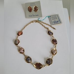 Vintage Fundy Gem Studio Canadian Agate Gold Tone Chain Necklace Clip On Earring